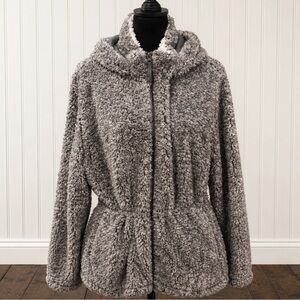 SANTA FE APPAREL Women’s Grey Full Zip 3/4 Length Hooded Sherpa Teddy Jacket XXL